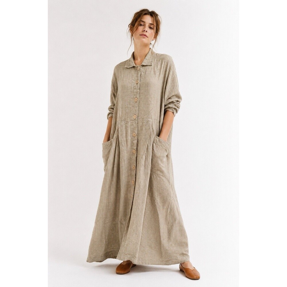Vintage FLAX by Jeanne Engelhart 100% Linen Plaid Maxi Shirt Dress M Lagenlook
